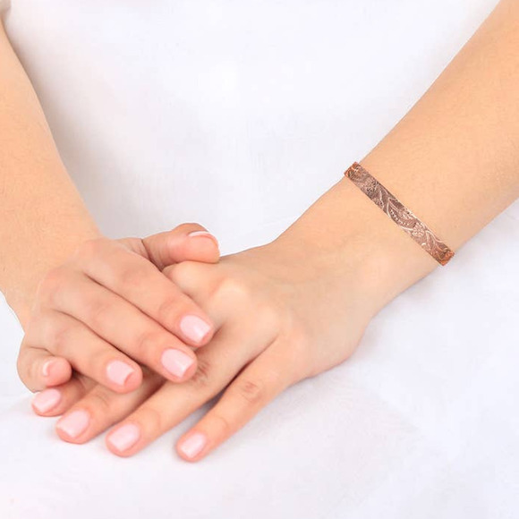 Rose Gold Cuff Bracelet Floral Vine Pattern Adjustable Magnetic Bracelet Health - Picture 3 of 5